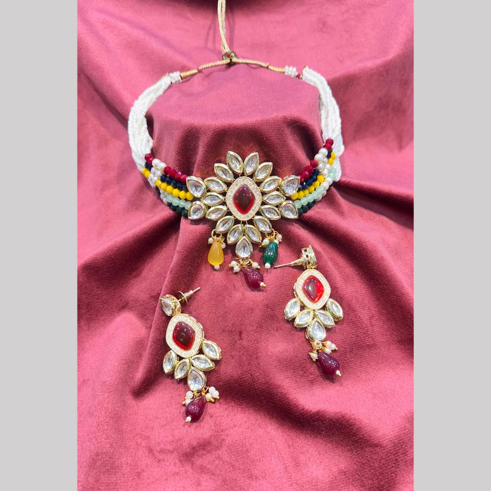 SNERA Gold Plated Kundan Stone And Pearls Choker Necklace Set
