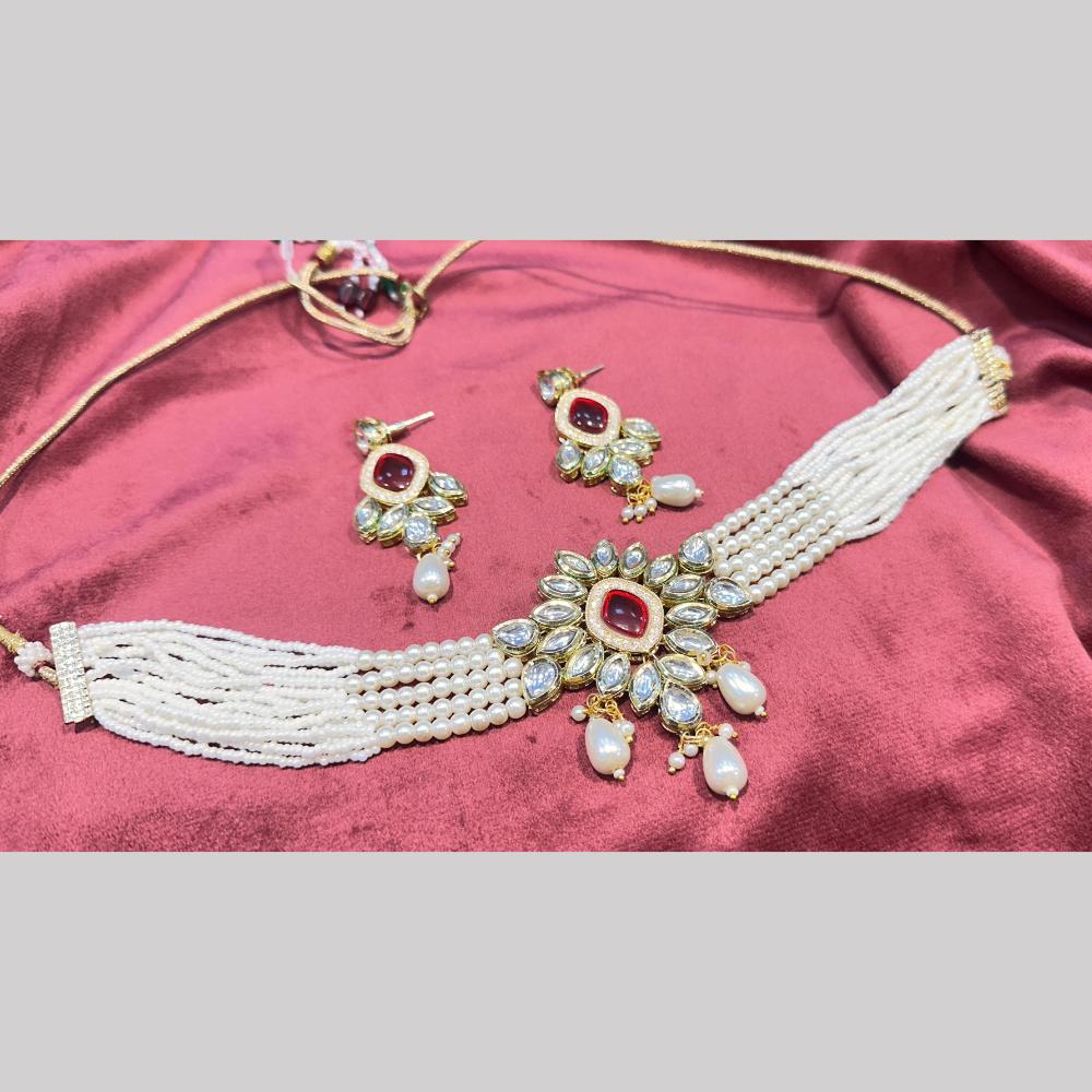 SNERA Gold Plated Kundan Stone And Pearls Choker Necklace Set