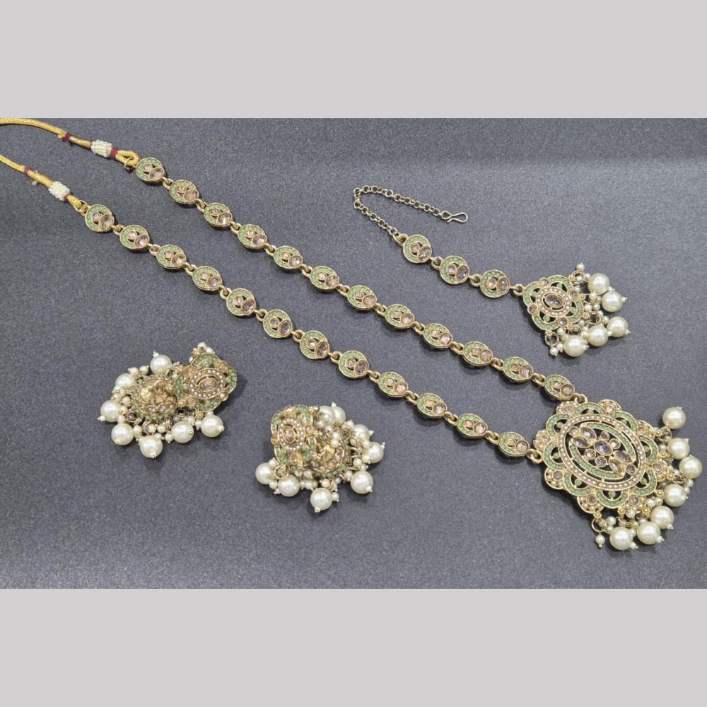 SNERA Gold Plated Crystal Stone And Pearls Long Necklace Set
