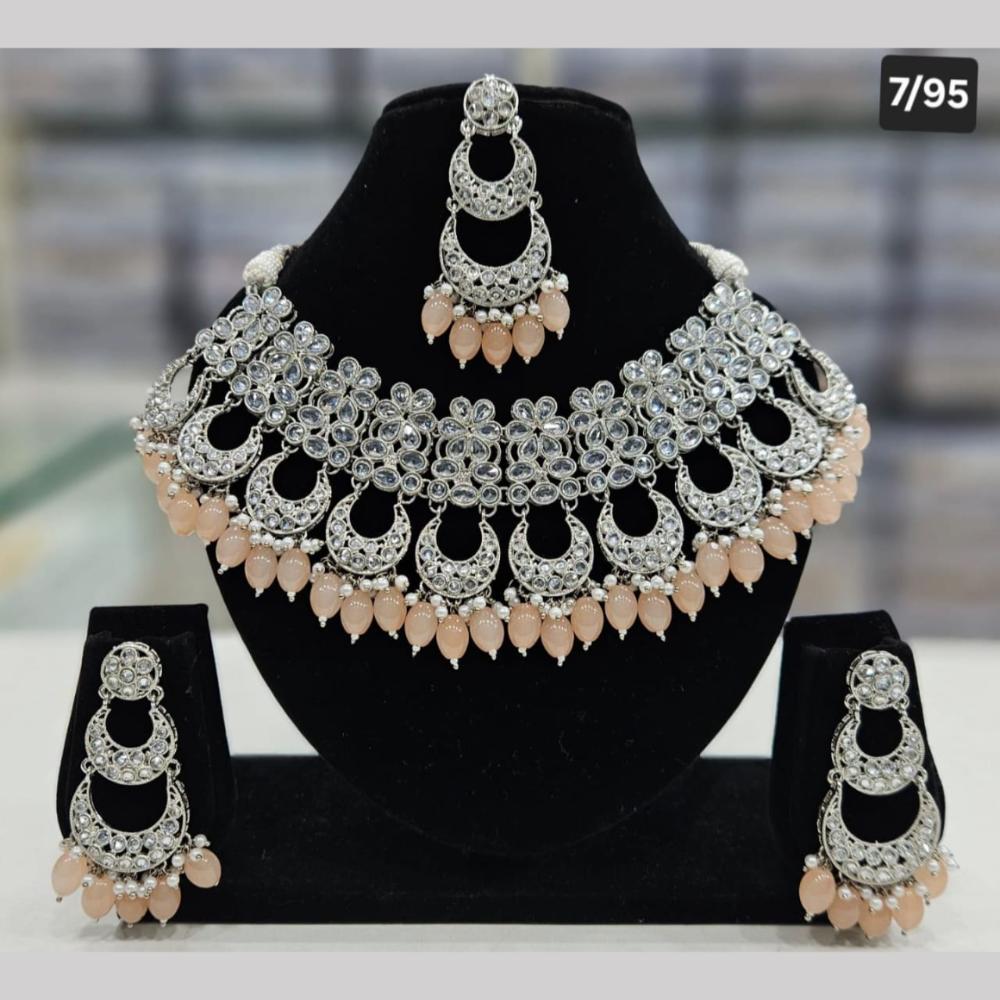 SNERA Silver Plated Crystal Stone And Pearls Choker Necklace Set