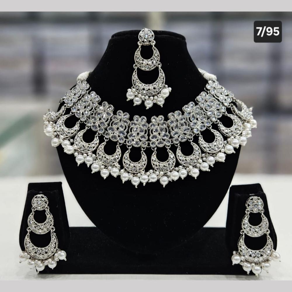 SNERA Silver Plated Crystal Stone And Pearls Choker Necklace Set