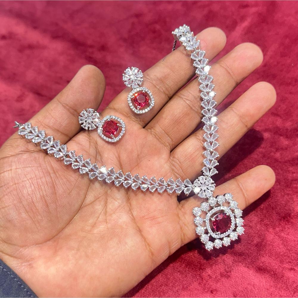 SNERA Silver Plated American Diamond Necklace Set