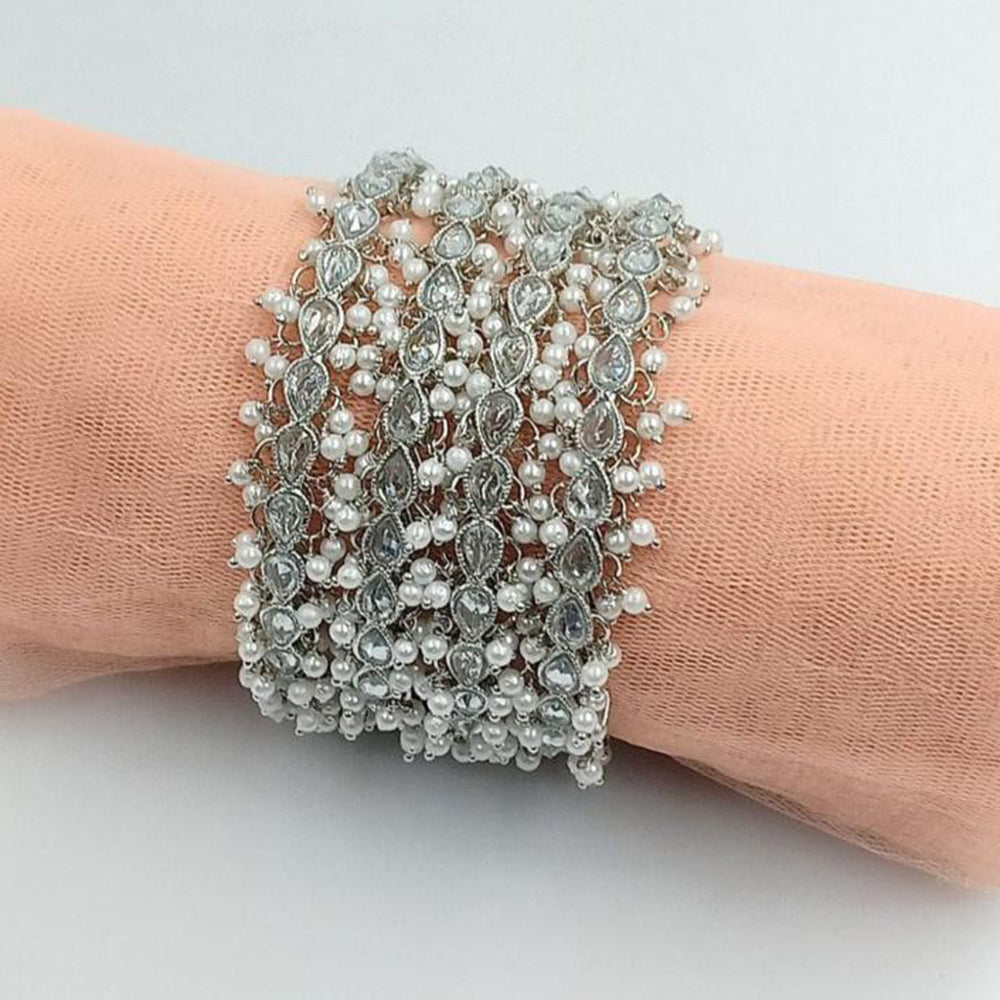 SNERA Silver Plated Crystal Stone And Pearls Bangles Set