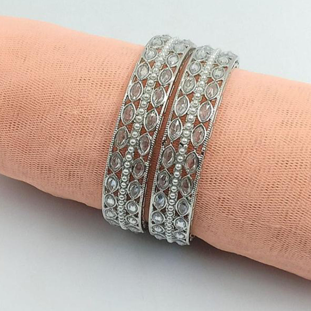 SNERA Silver Plated Crystal Stone And Pearls Bangles Set