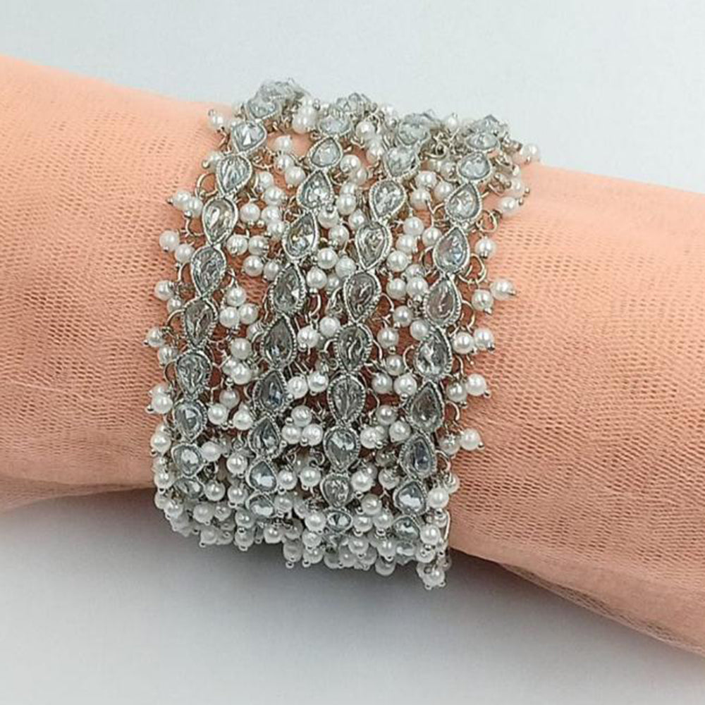 SNERA Silver Plated Crystal Stone And Pearls Bangles Set