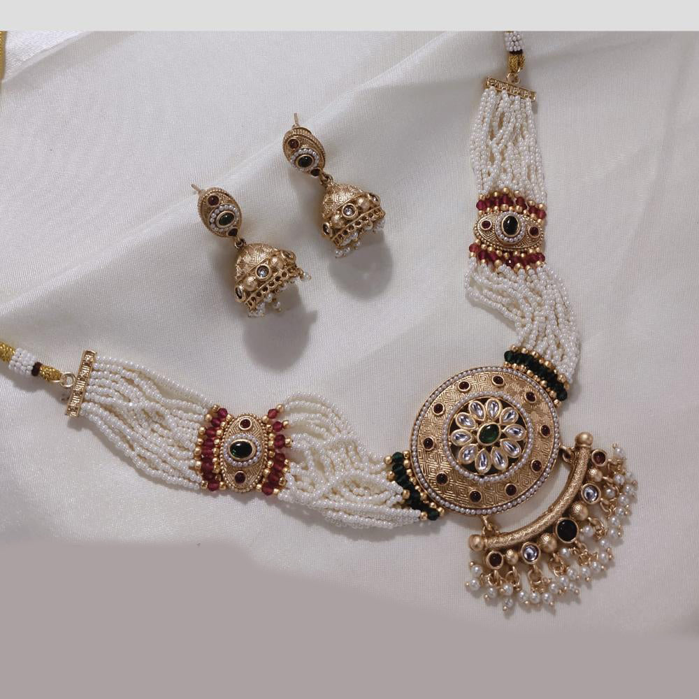 SNERA Gold Plated Kundan Stone And Beads Necklace Set