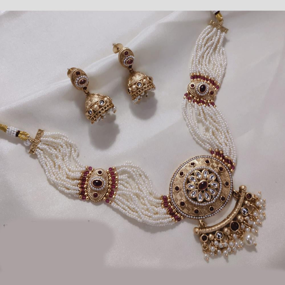 SNERA Gold Plated Kundan Stone And Beads Necklace Set