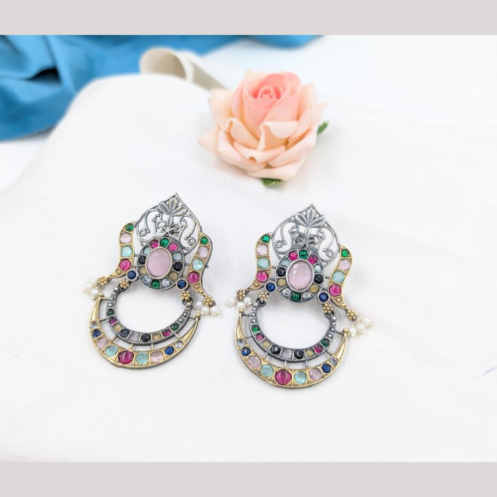 SNERA 2 Tone Plated Pota Stone And Pearls Dangler Earrings
