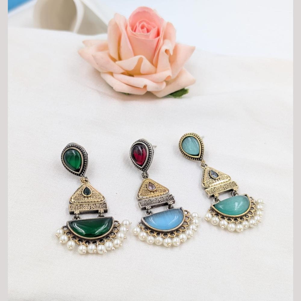 SNERA 2 Tone Plated Pota Stone And Pearls Dangler Earrings