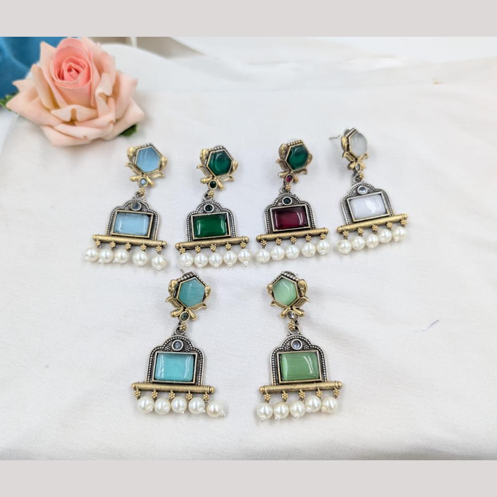 SNERA 2 Tone Plated Pota Stone And Pearls Dangler Earrings
