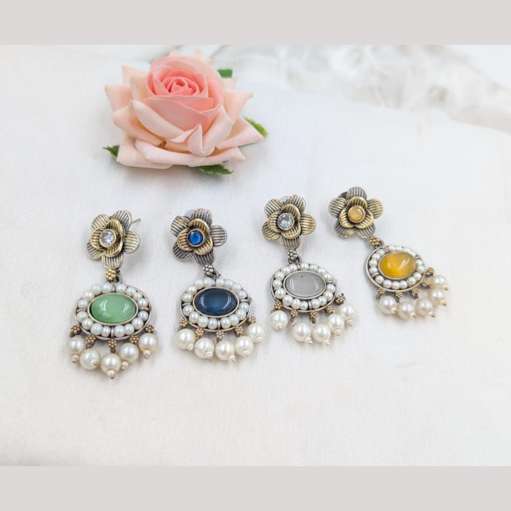 SNERA 2 Tone Plated Pota Stone And Pearls Dangler Earrings