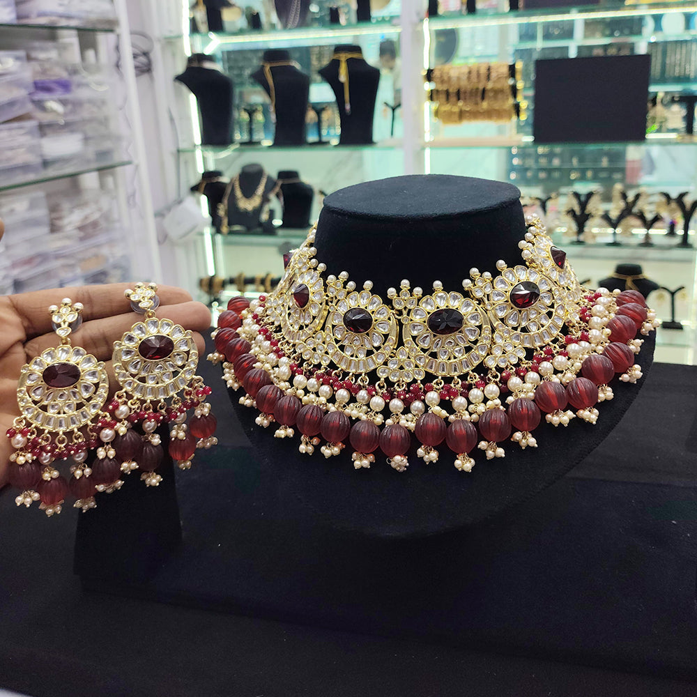 SNERA Gold Plated Kundan And Beads Necklace Set