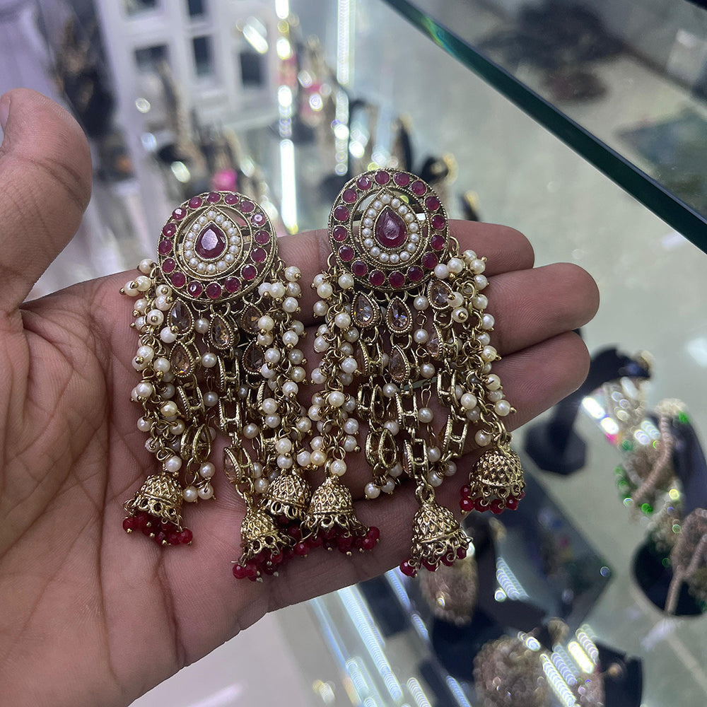 SNERA Gold Plated Crystal Stone Pearl And Beads Jhumki Earrings