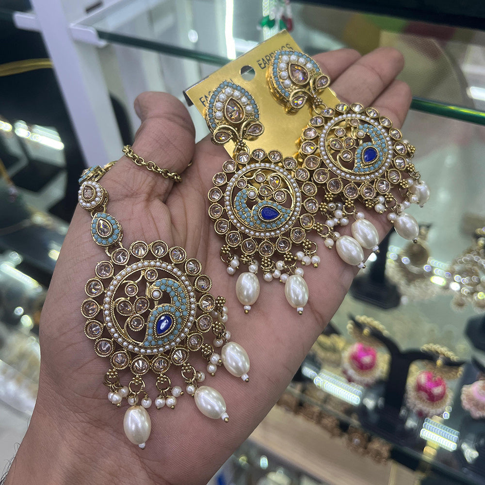 SNERA Gold Plated Crystal Stone And Beads Dangler Earrings With Mangtikka