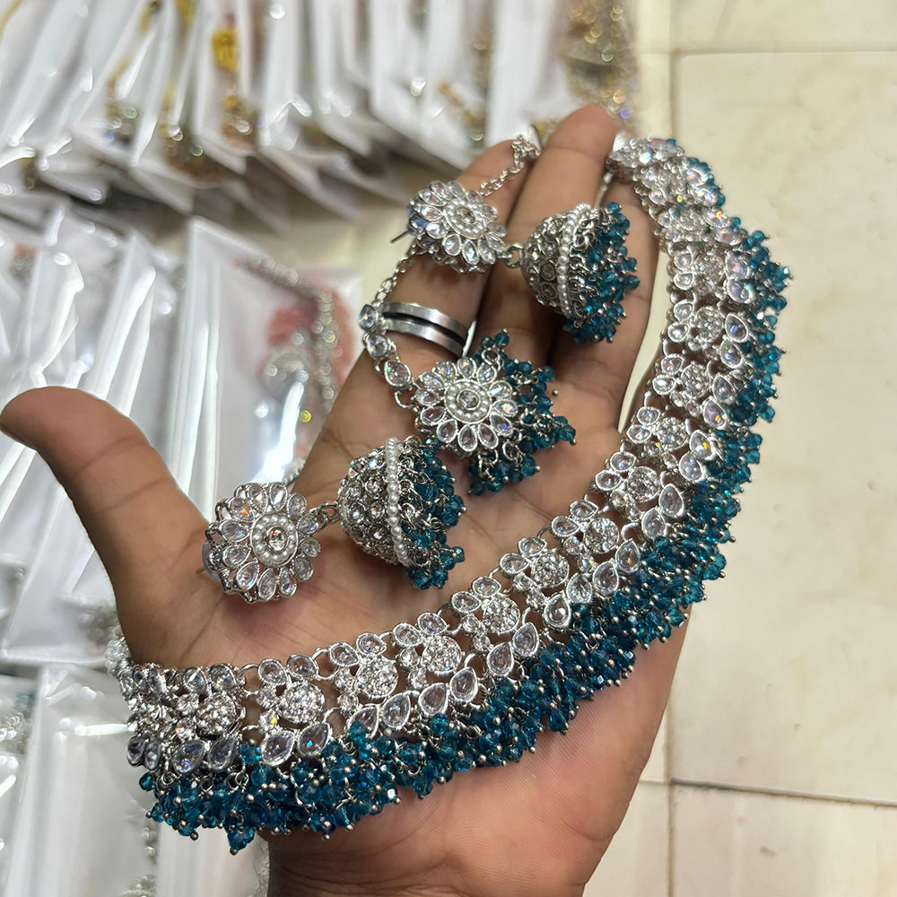 SNERA Silver Plated Crystal Stone And Pearls Choker Necklace Set