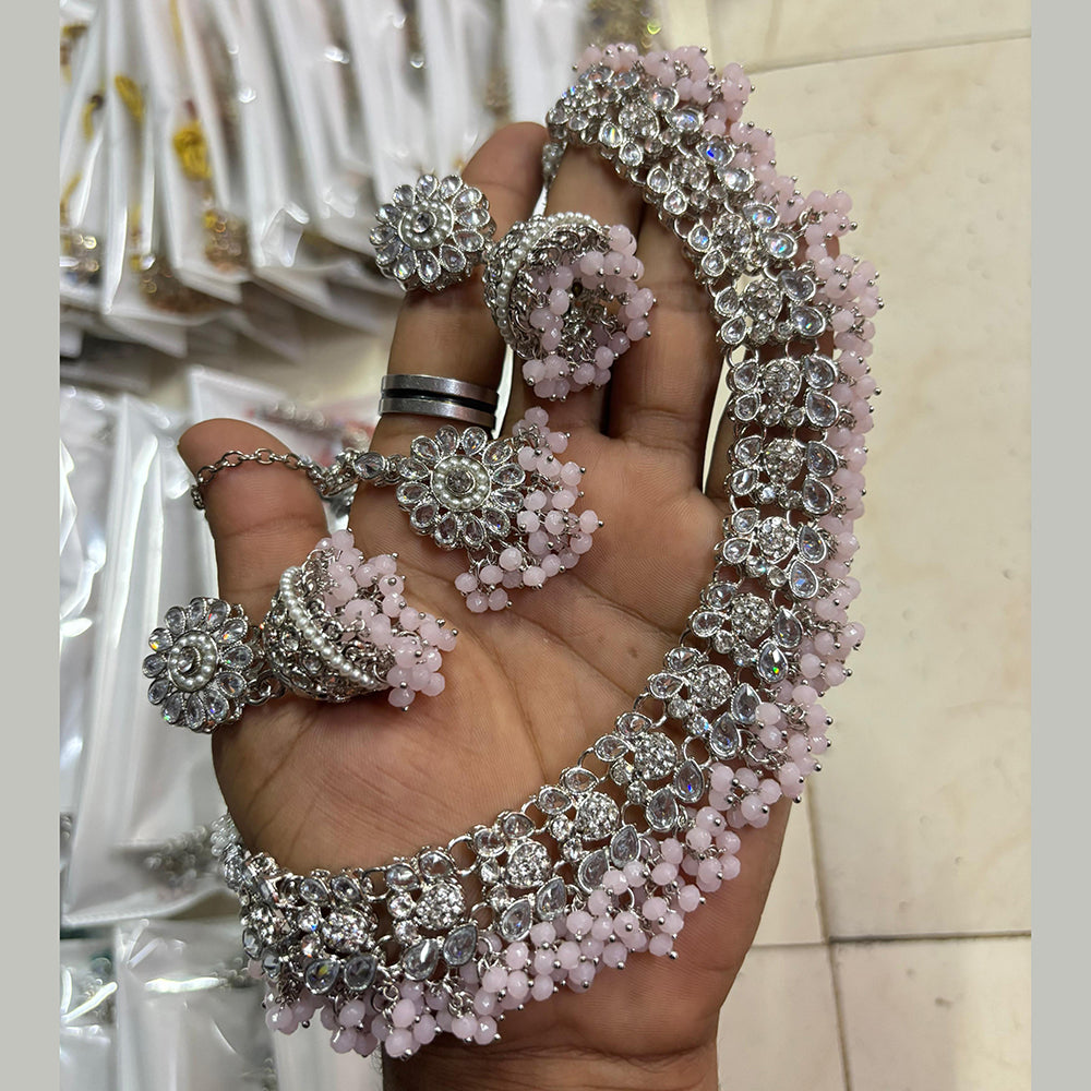 SNERA Silver Plated Crystal Stone And Pearls Choker Necklace Set