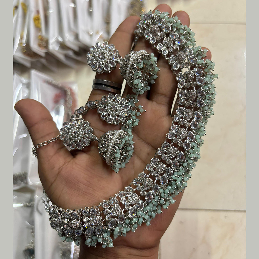 SNERA Silver Plated Crystal Stone And Pearls Choker Necklace Set