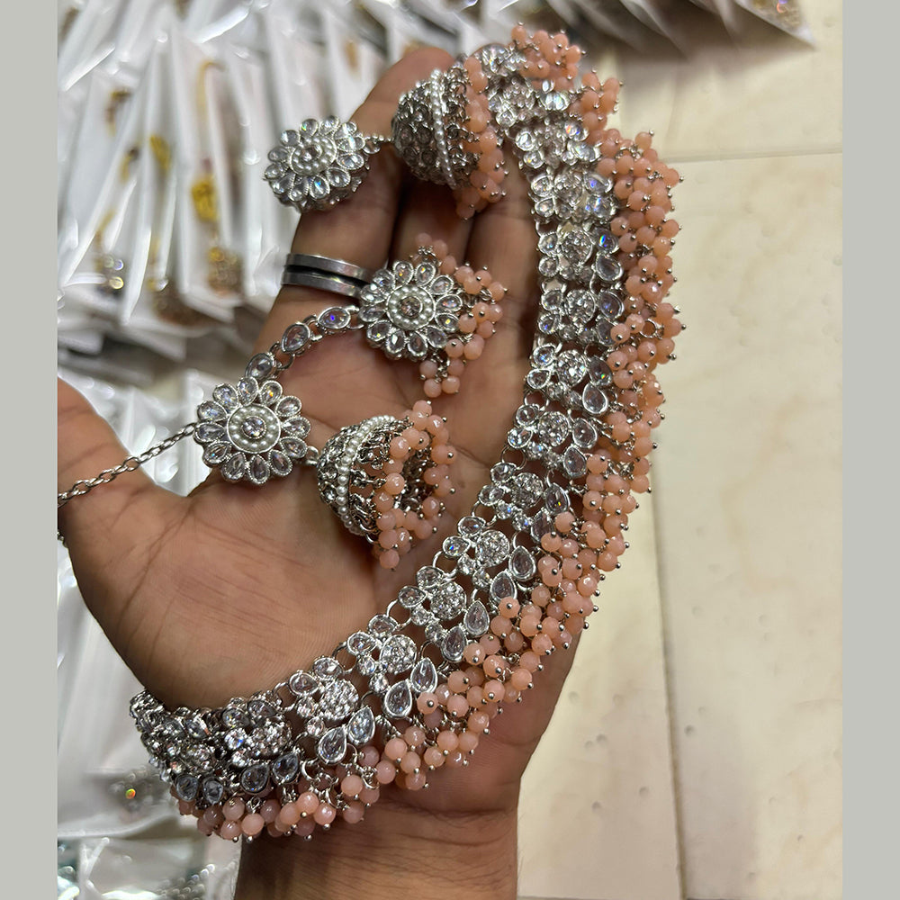 SNERA Silver Plated Crystal Stone And Pearls Choker Necklace Set