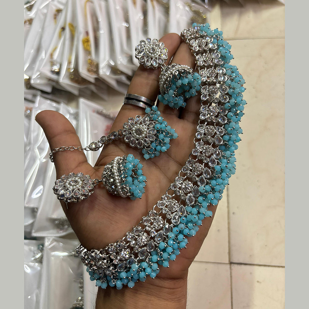 SNERA Silver Plated Crystal Stone And Pearls Choker Necklace Set