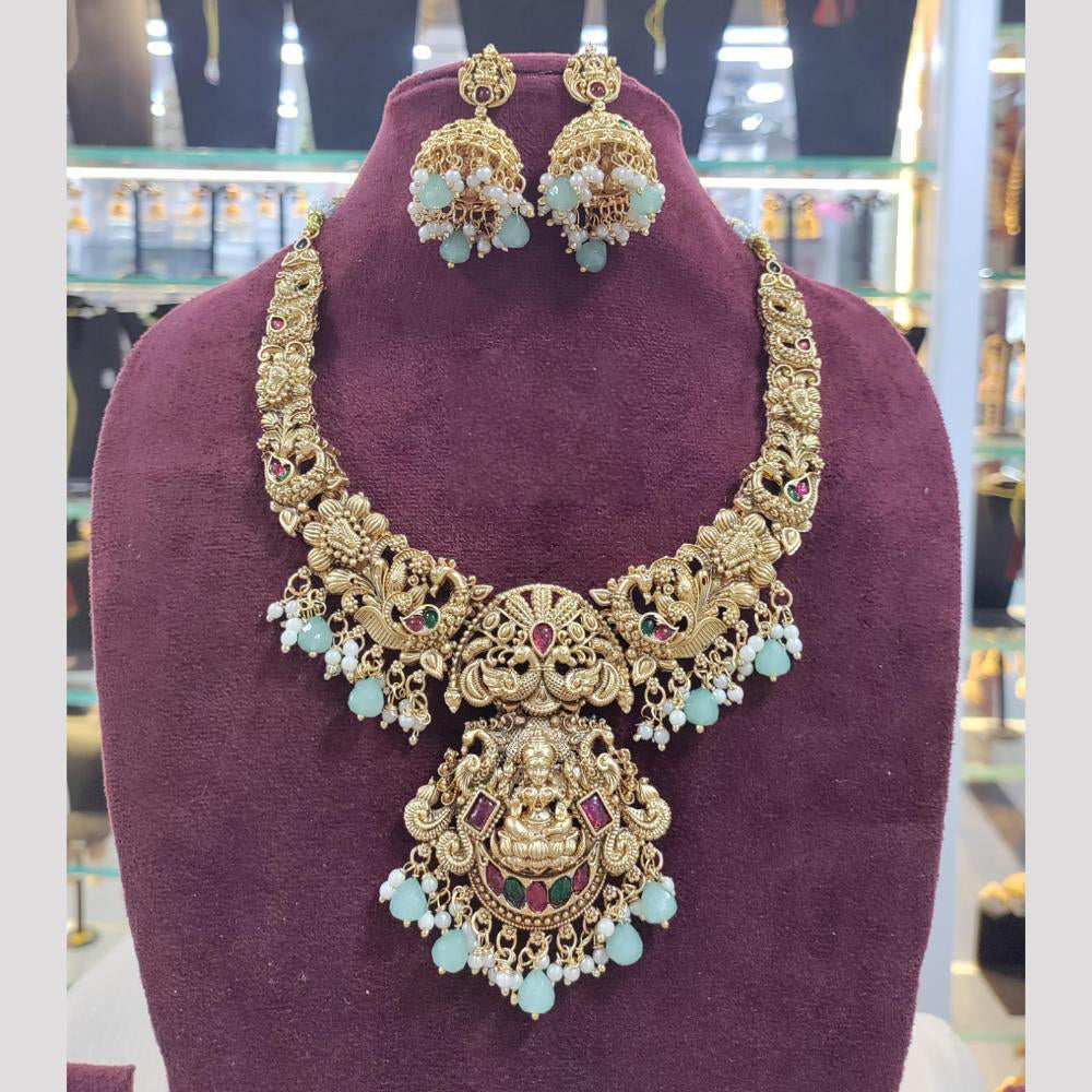 SNERA Gold Plated Pota Stone And Beads Temple Necklace Set