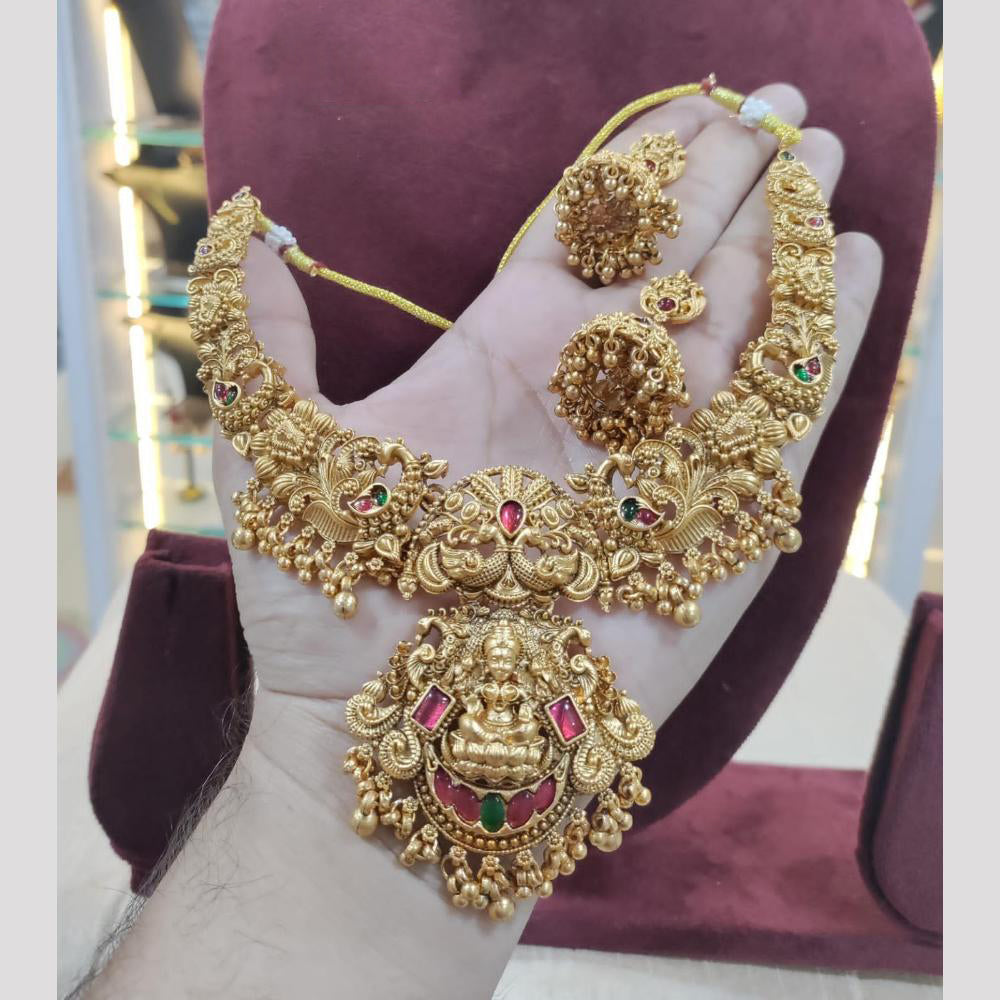SNERA Gold Plated Pota Stone And Beads Temple Necklace Set