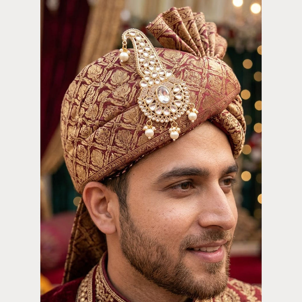 SNERA Maharaja Style Kundan Stone And Pearl Brooch