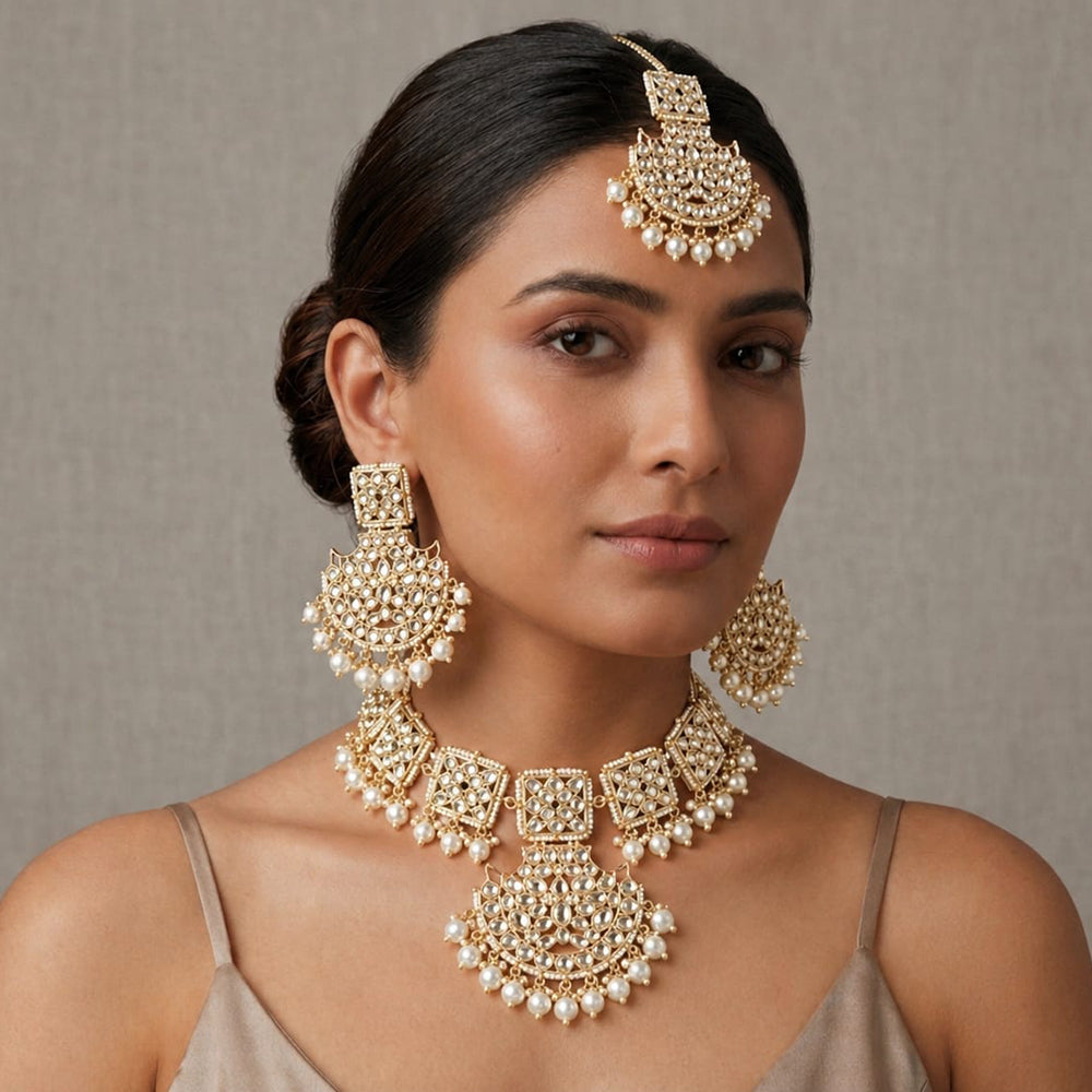 SNERA Party Wear Kundan Stone And Pearl Choker Necklace Set