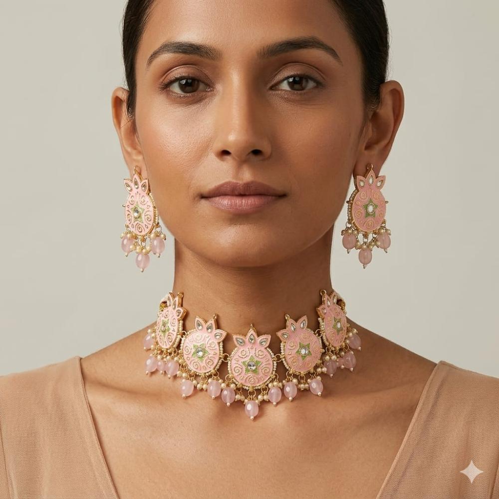 SNERA Classic Grace Crystal Stone Pearl And Beads Choker Meenakari Necklace Set