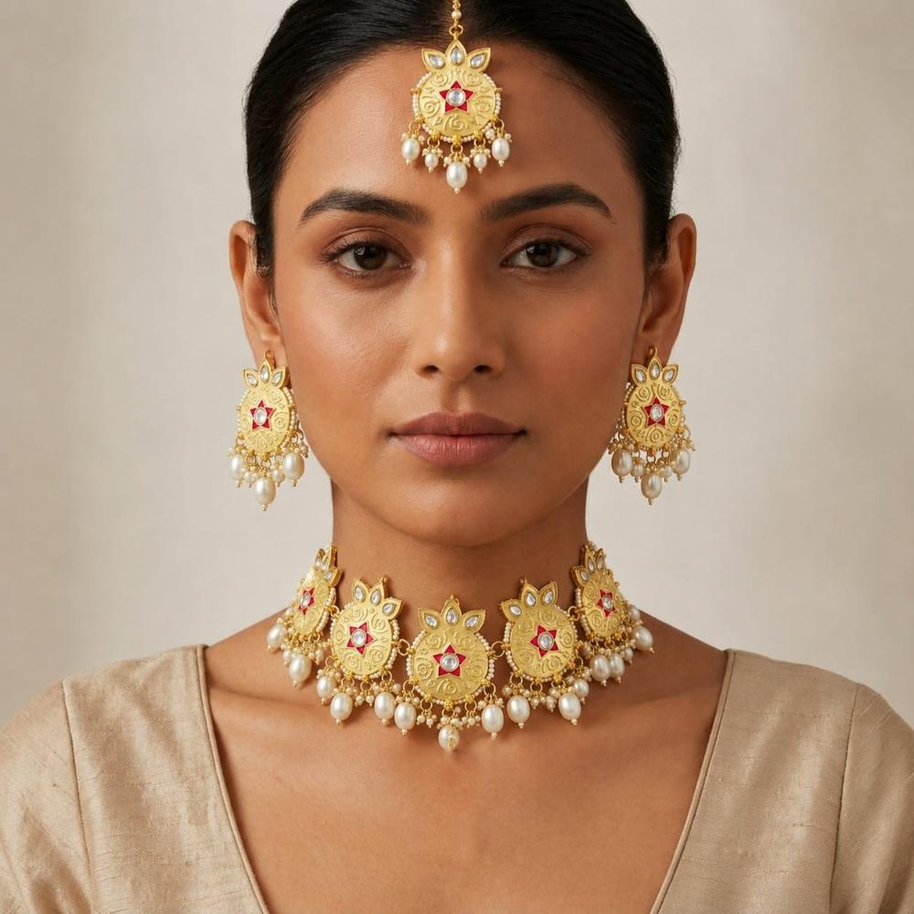 SNERA Classic Grace Crystal Stone Pearl And Beads Choker Meenakari Necklace Set