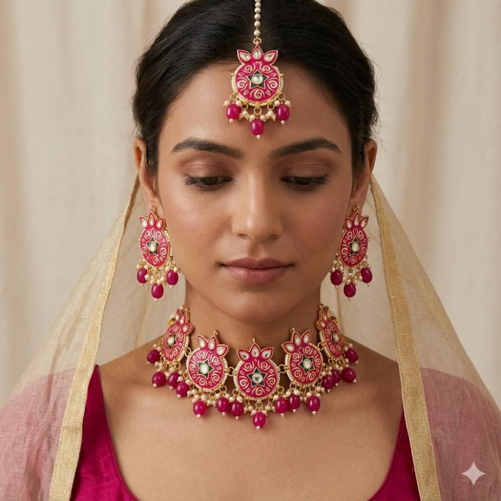 SNERA Classic Grace Crystal Stone Pearl And Beads Choker Meenakari Necklace Set