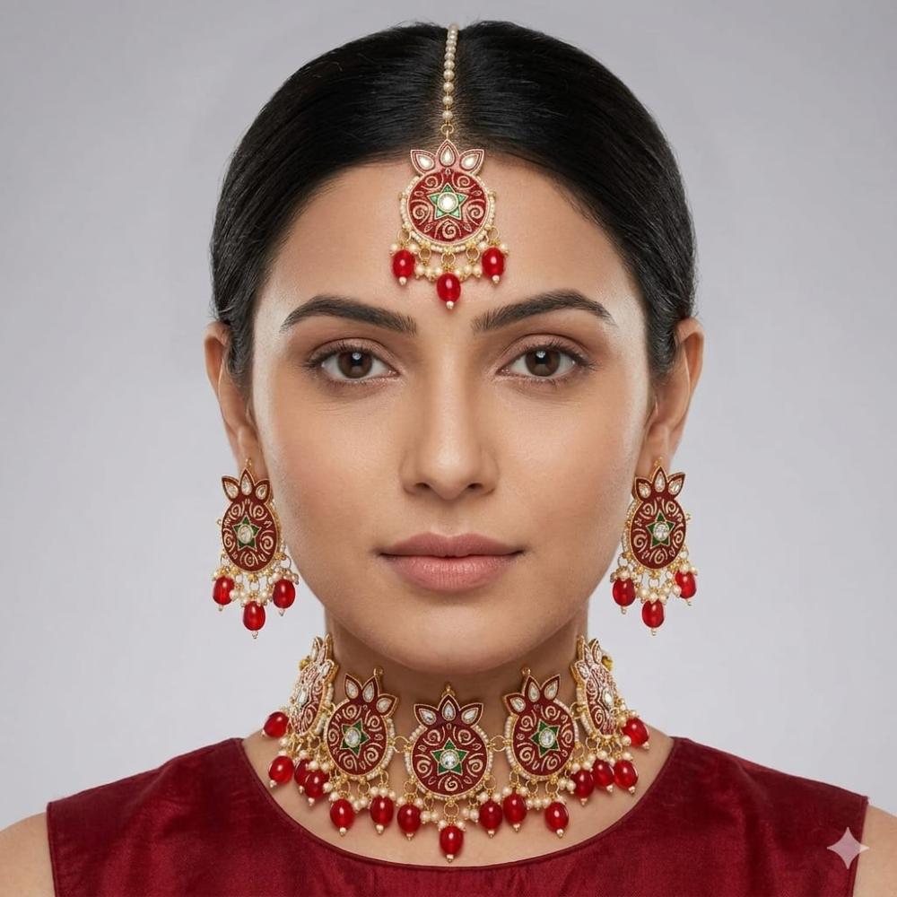 SNERA Classic Grace Crystal Stone Pearl And Beads Choker Meenakari Necklace Set