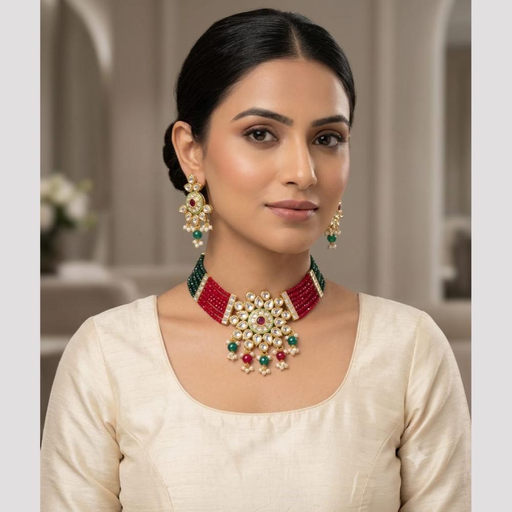 SNERA Premium Kundan Stone And Beads Choker Necklace Set