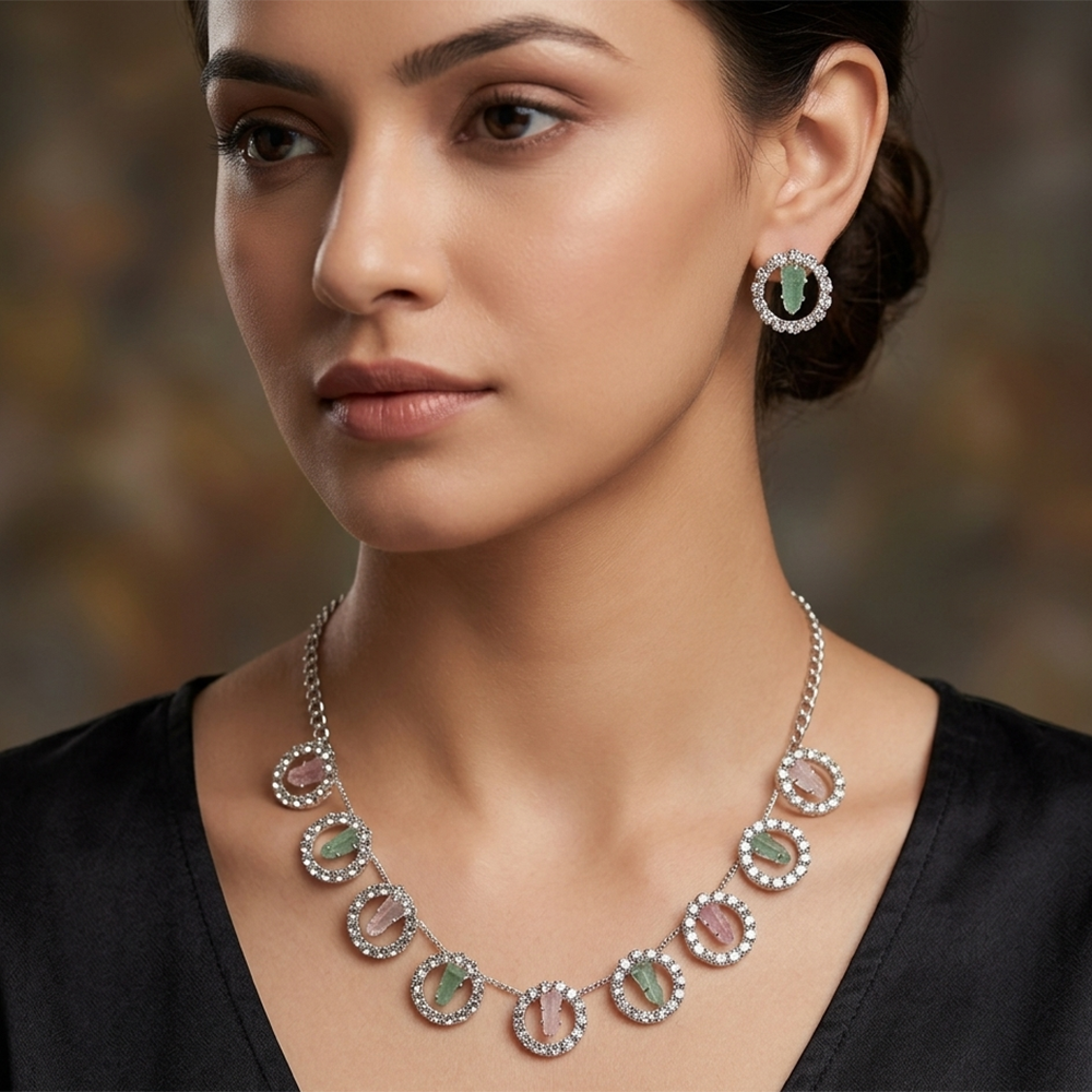 Urthn Silver Plated Sparkling Crystal Stone Necklace Set(Pack of 6)