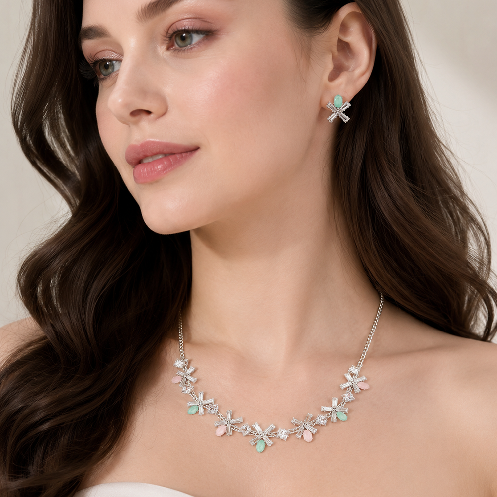 Urthn Silver Plated Sparkling Crystal Stone Necklace Set(Pack of 3)