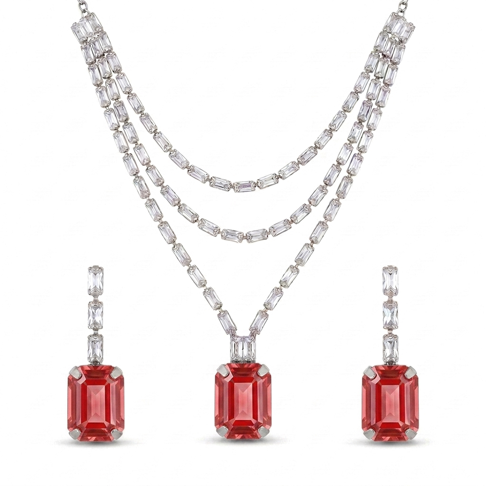 Urthn Silver Plated Sparkling Crystal Stone Necklace Set(Pack of 3)