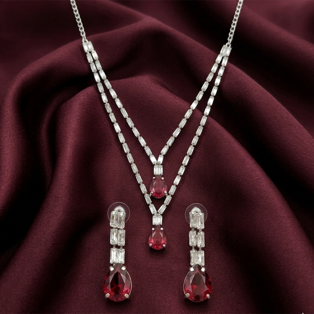 Urthn Silver Plated Sparkling Crystal Stone Necklace Set(Pack of 3)