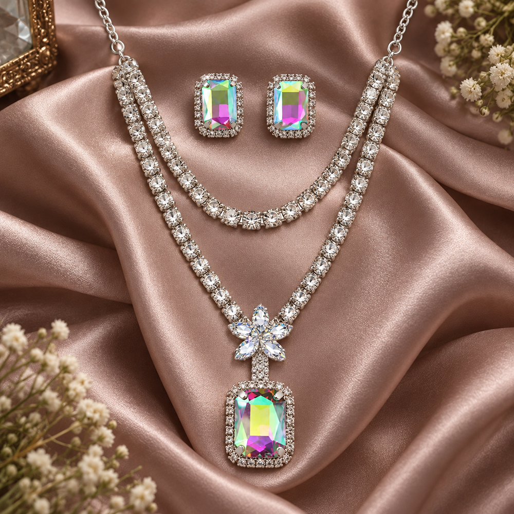 Urthn Glamorous Silver Plated Crystal Stone Necklace Set for Party & Festive Wear