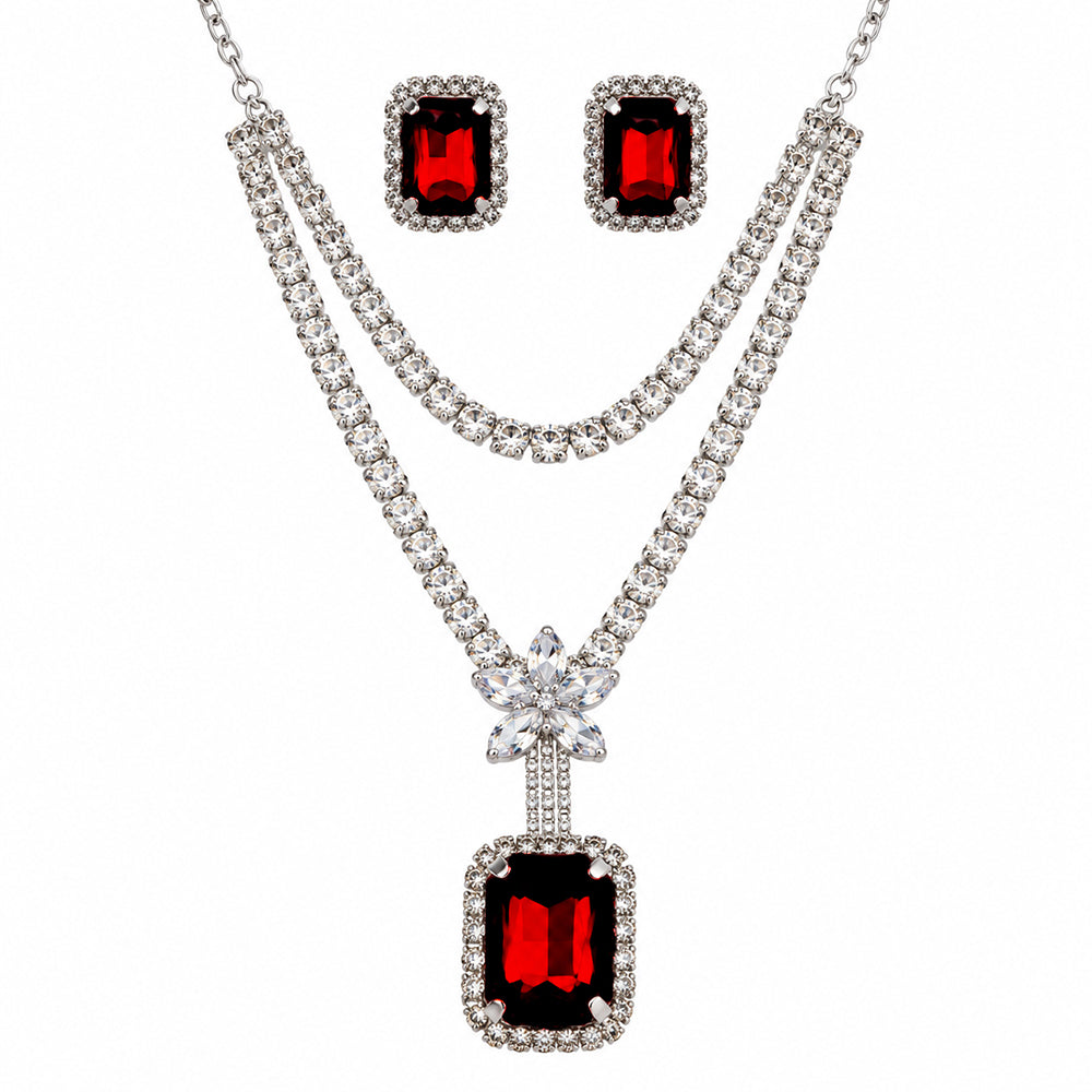 Urthn Glamorous Silver Plated Crystal Stone Necklace Set for Party & Festive Wear(Pack Of 3)