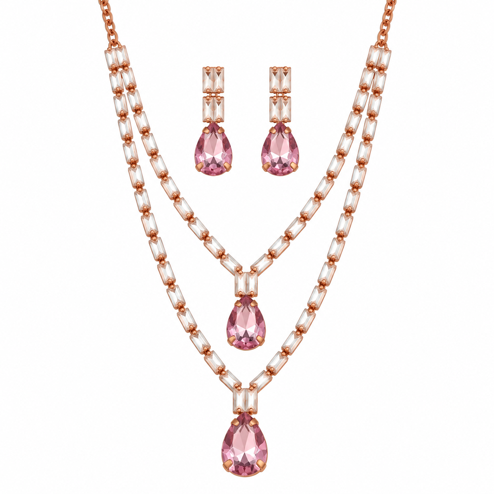 Urthn Glamorous Rose Gold Plated Crystal Stone Necklace Set for Party & Festive Wear(Pack Of 3)