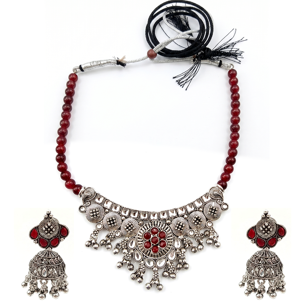 Urthn Oxidised Silver Choker Necklace Set with Red Beads & Jhumka Earrings(Pack of 3)