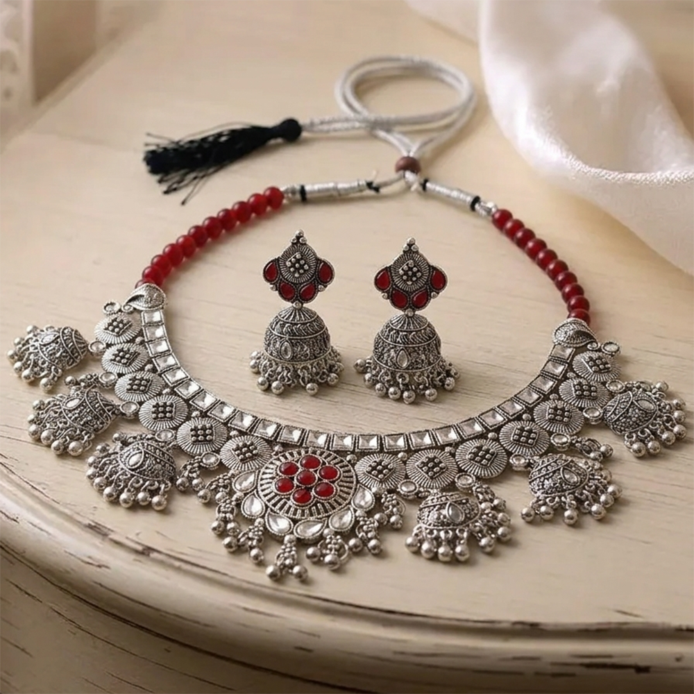 Urthn Oxidised Silver Choker Necklace Set with Red Beads & Jhumka Earrings(Pack of 3)