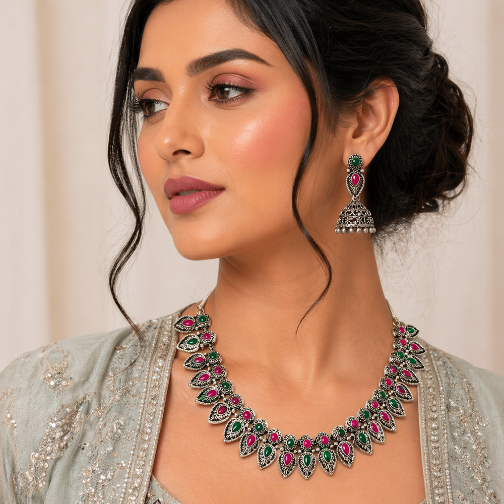 Urthn Oxidised Silver Choker Necklace Set with Pink & Green Beads & Jhumka Earrings(Pack of 3)