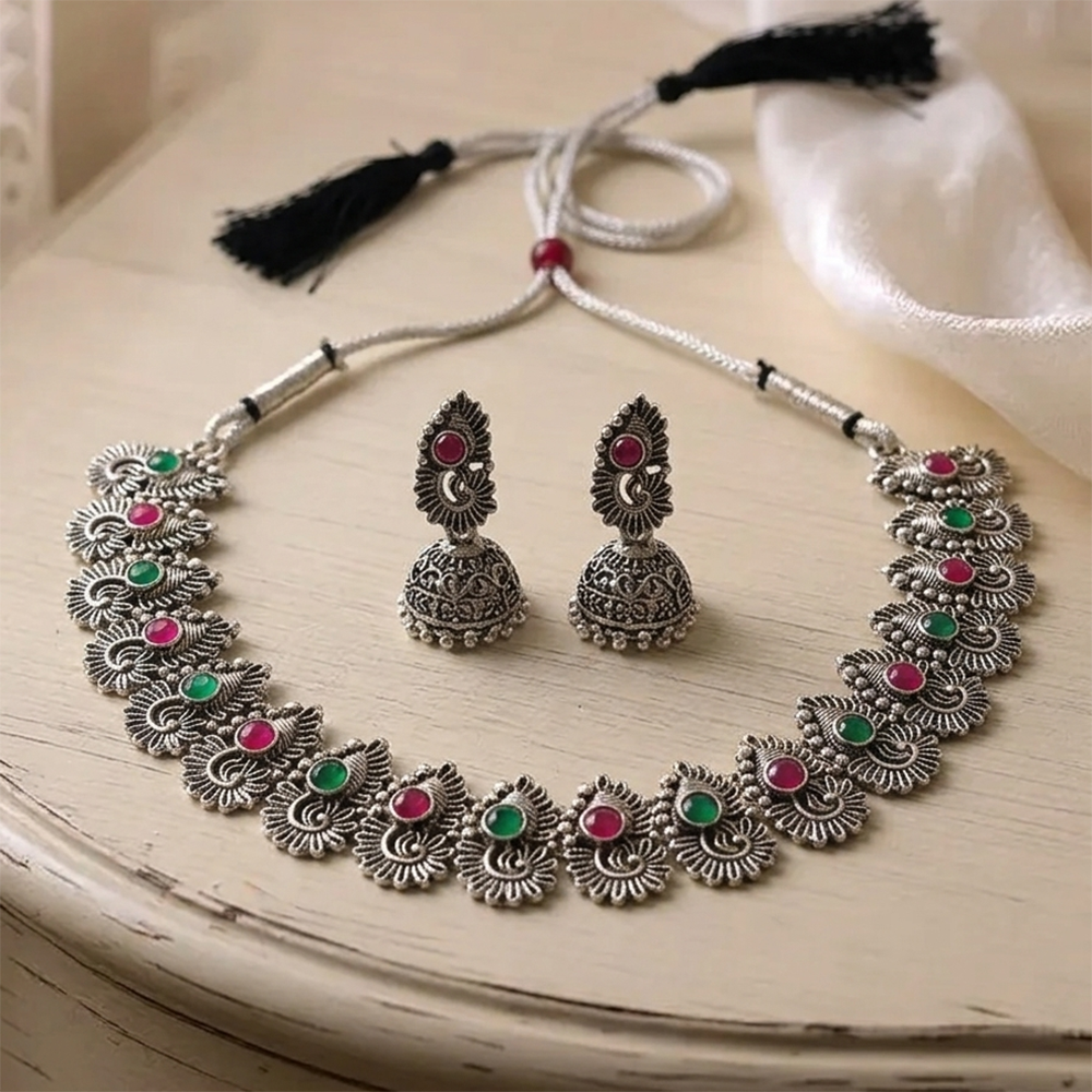 Urthn Oxidised Silver Choker Necklace Set with Pink & Green Beads & Jhumka Earrings(Pack of 3)