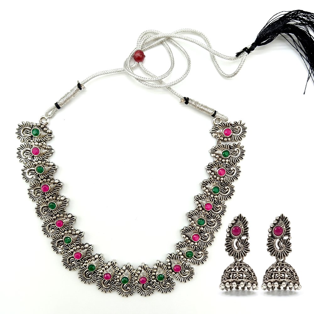 Urthn Oxidised Silver Choker Necklace Set with Pink & Green Beads & Jhumka Earrings(Pack of 3)