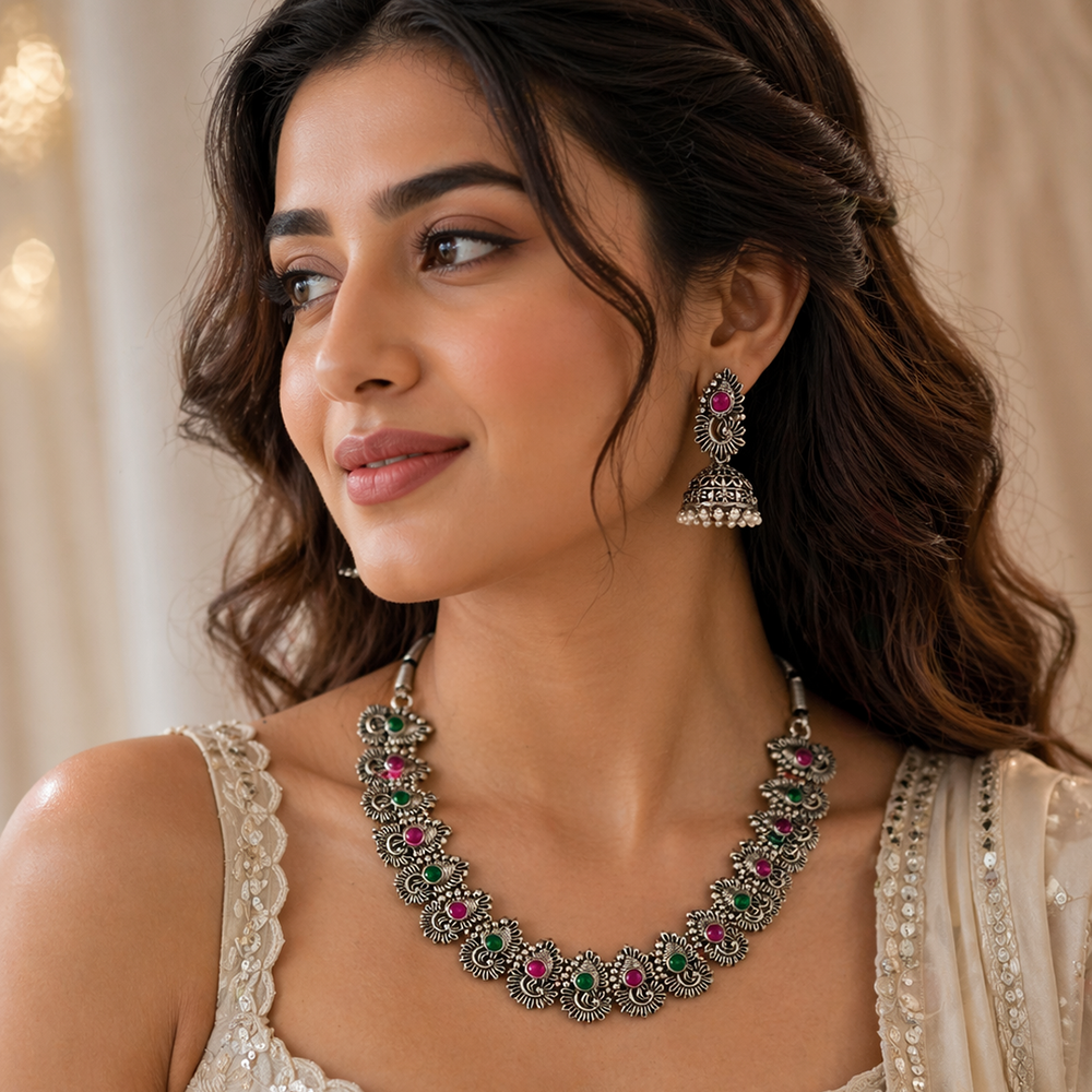 Urthn Oxidised Silver Choker Necklace Set with Pink & Green Beads & Jhumka Earrings(Pack of 3)