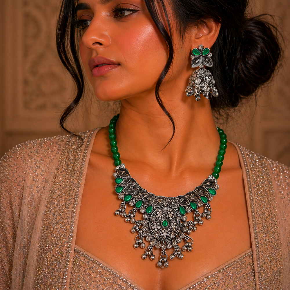 Urthn Oxidised Silver Choker Necklace Set with Green Beads & Jhumka Earrings(Pack of 3)
