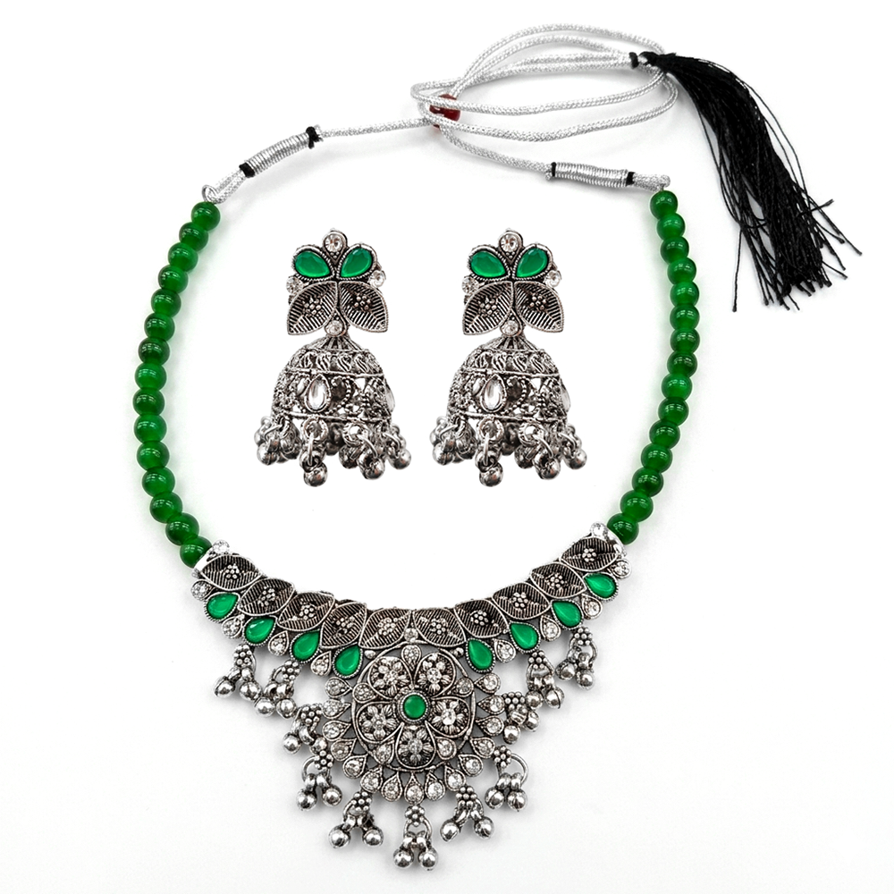 Urthn Oxidised Silver Choker Necklace Set with Green Beads & Jhumka Earrings(Pack of 3)
