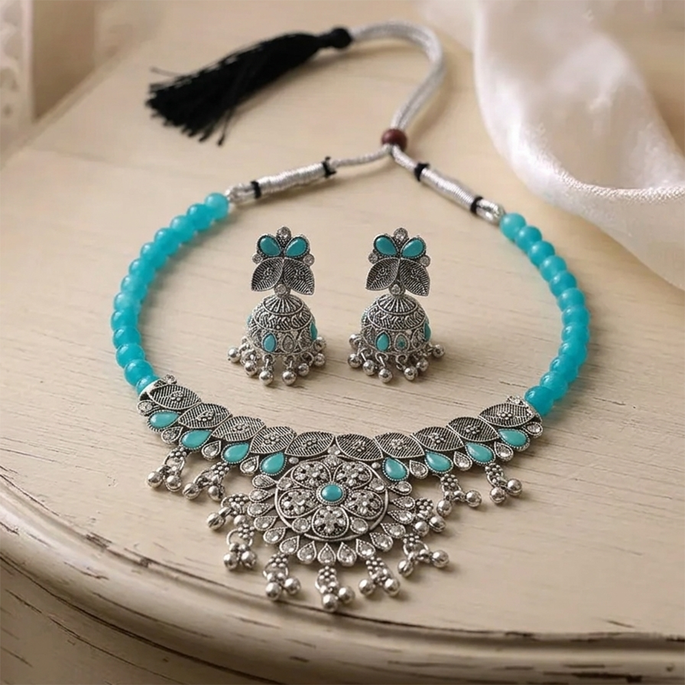 Urthn Oxidised Silver Choker Necklace Set with Light Blue Beads & Jhumka Earrings(Pack of 3)