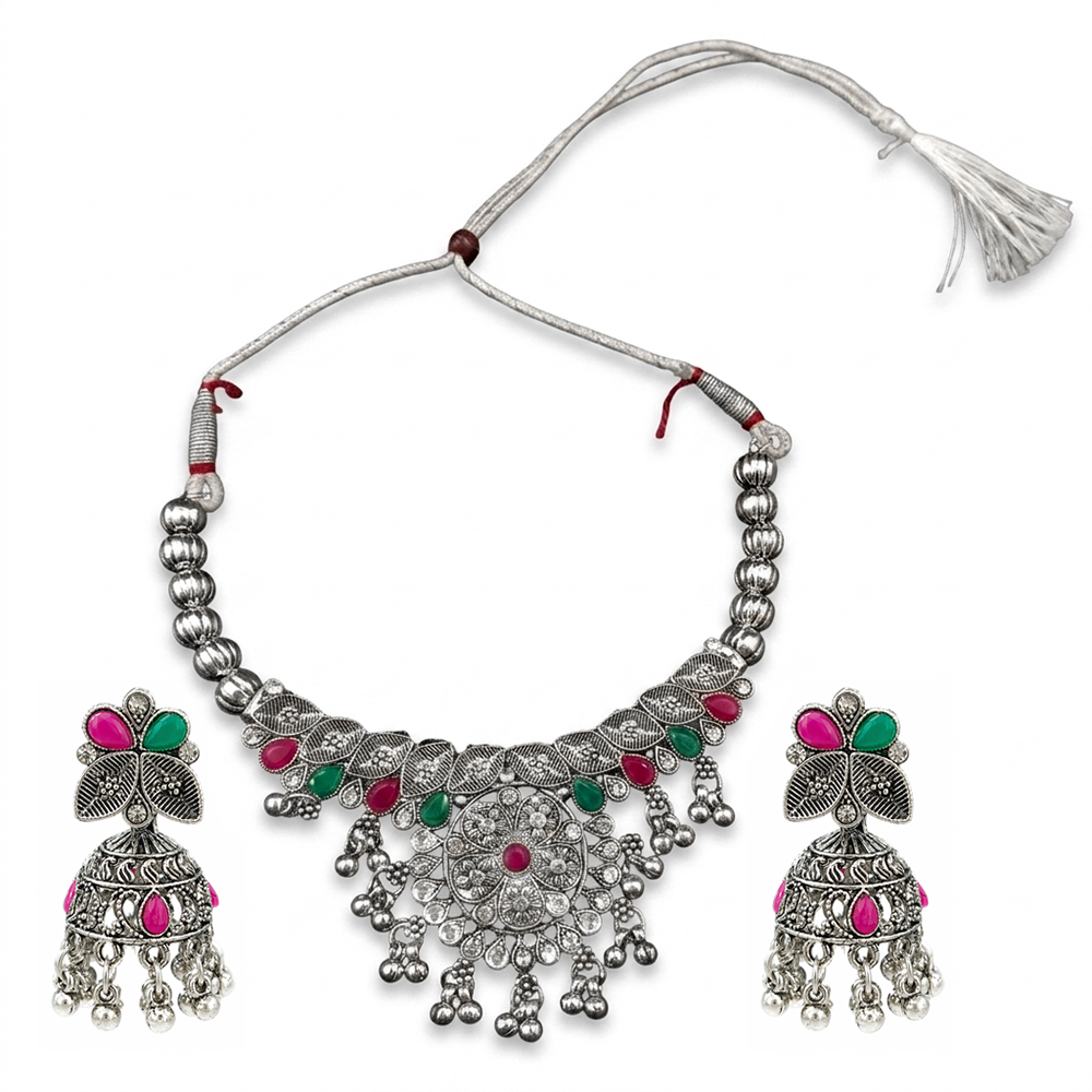 Urthn Oxidised Silver Choker Necklace Set with Pink & Green Beads & Jhumka Earrings(Pack of 3)
