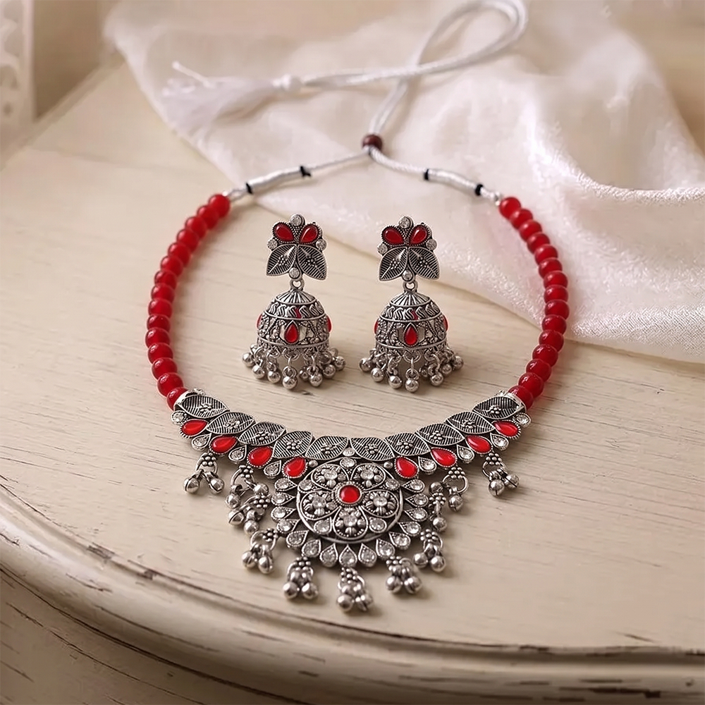 Urthn Oxidised Silver Choker Necklace Set with Red Beads & Jhumka Earrings(Pack of 3)